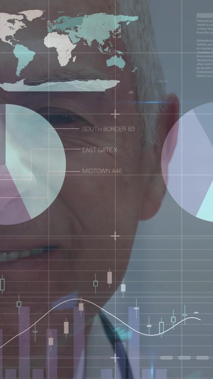 Animation of statistics and data processing over woman using smartphone