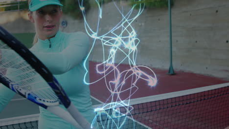 tennis player swinging racket at net under sunny court, glowing blue technology trails swirling