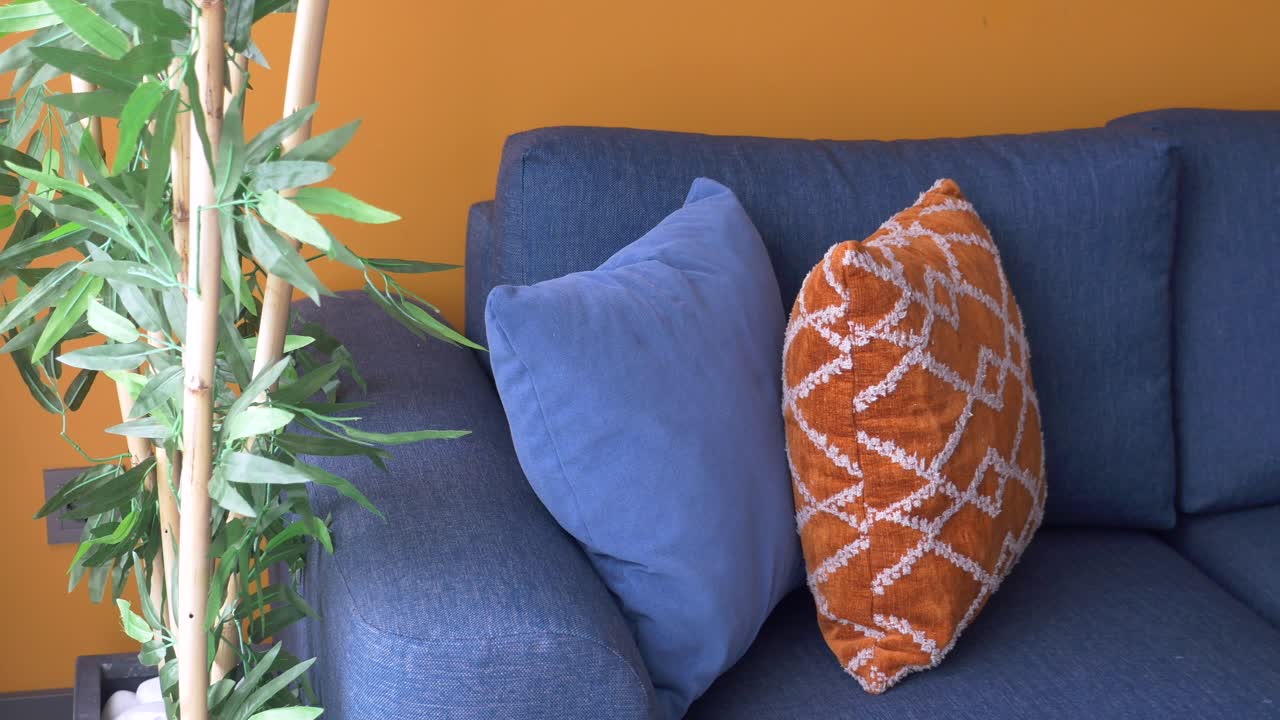 sofá azul con almohadas naranjas y planta de bambú