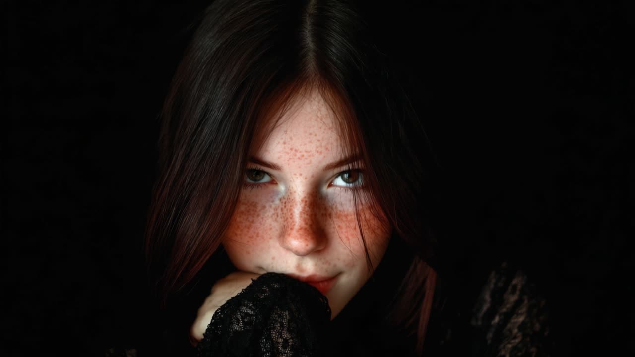 Captivating Expressions: A Portrait Series Highlighting Beauty, Vulnerability, and the Enigmatic Nature of a Young Woman Against a Dark Background