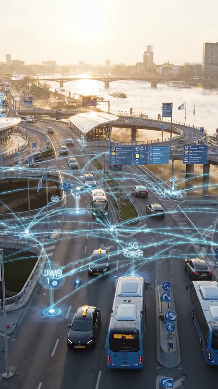 Dinamiche innovative del traffico urbano che mostrano l'integrazione del trasporto intelligente con veicoli che utilizzano la tecnologia 5G su una trafficata strada cittadina al tramonto.