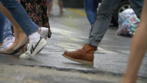 Tracking-Beine,-Die-Nasse-Straße-überqueren