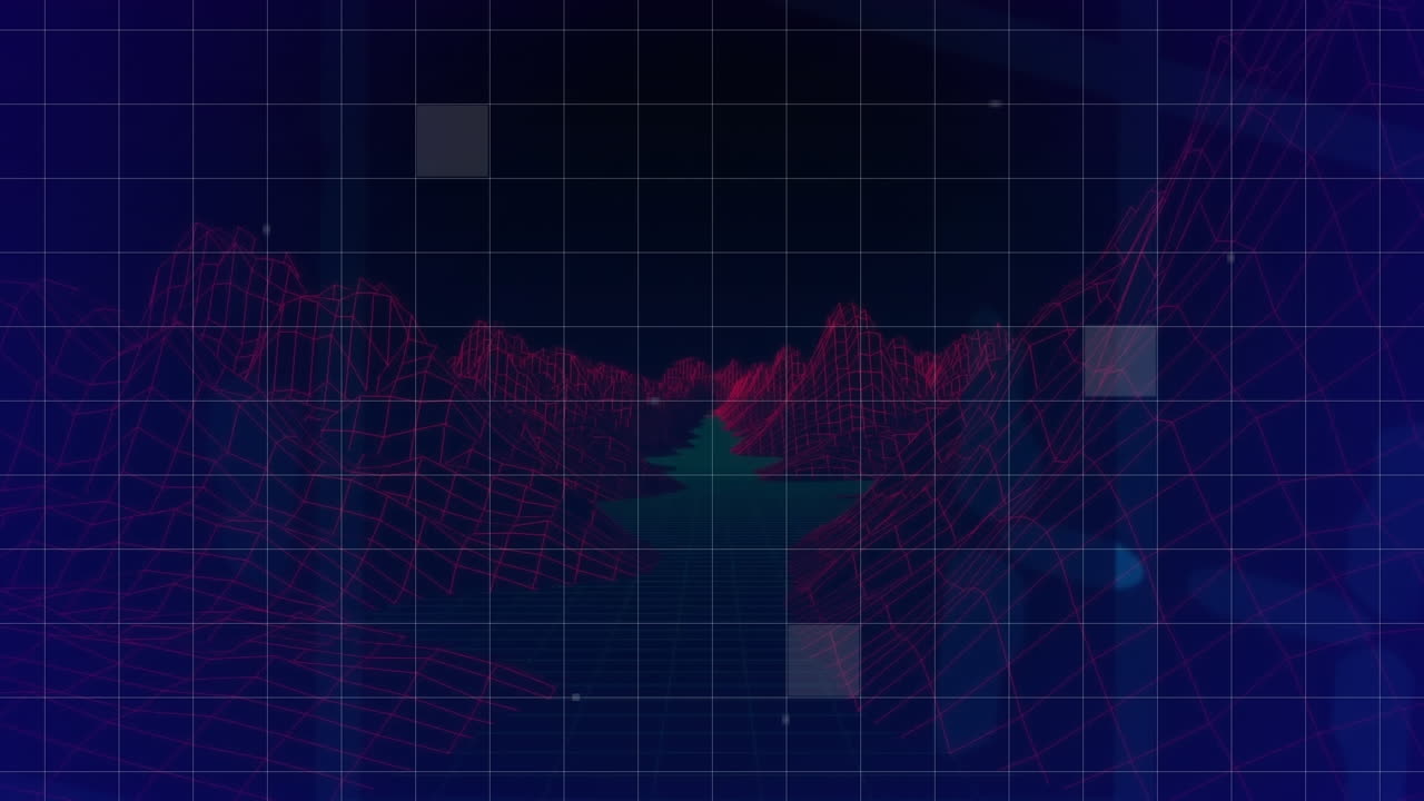 검은 바탕에 산의 3d 모델 위에 그리드 패턴에 조명 사각형의 애니메이션