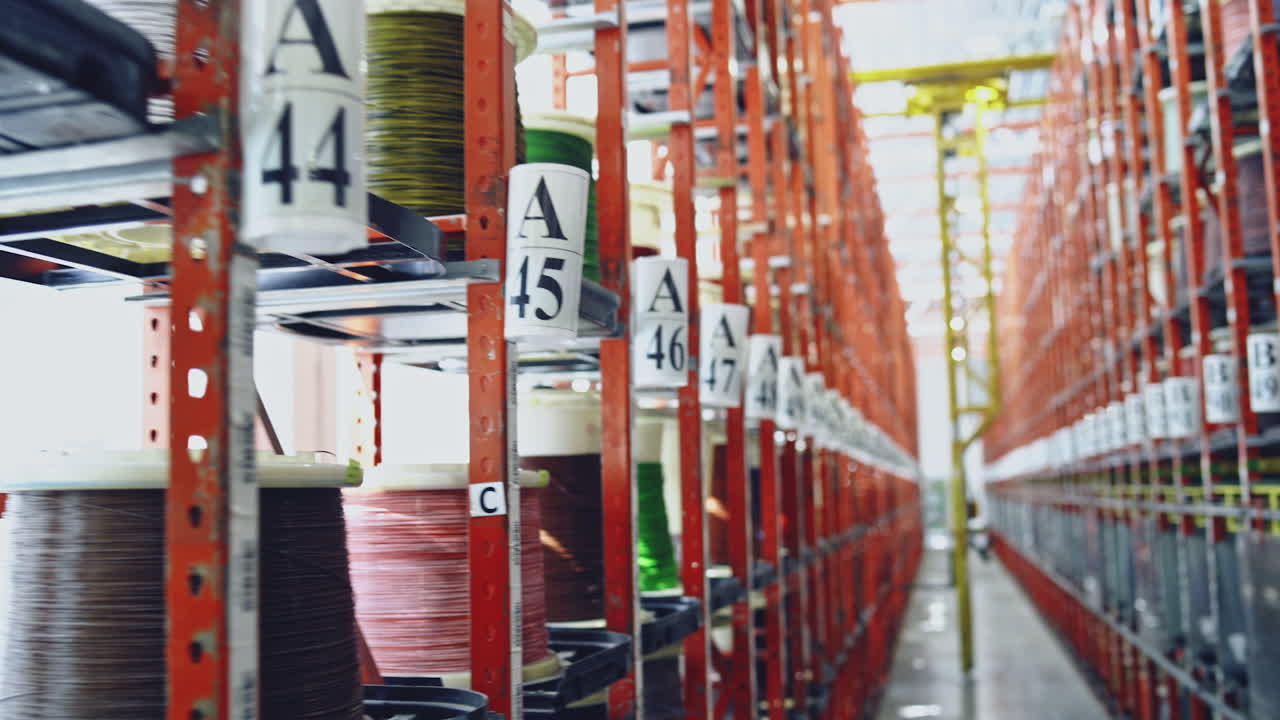 Modern cable factory. Cable warehouse interior with shelves