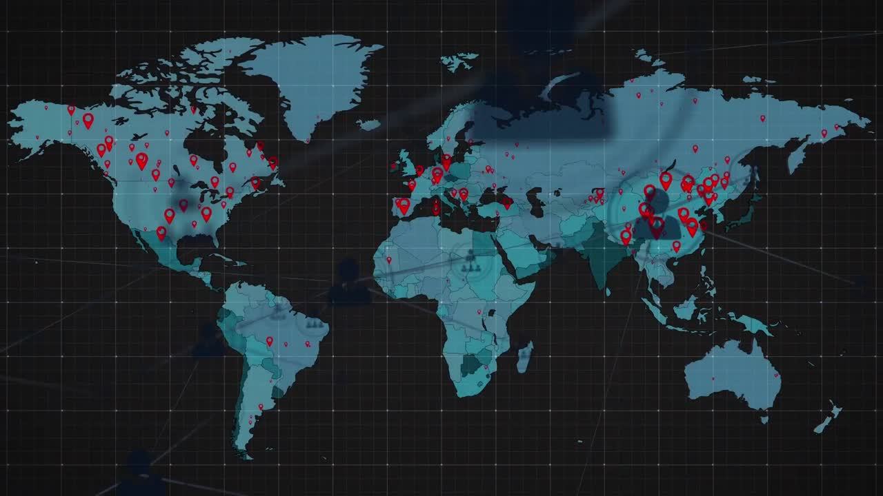 animación de la red de conexiones sobre el mapa del mundo en fondo negro