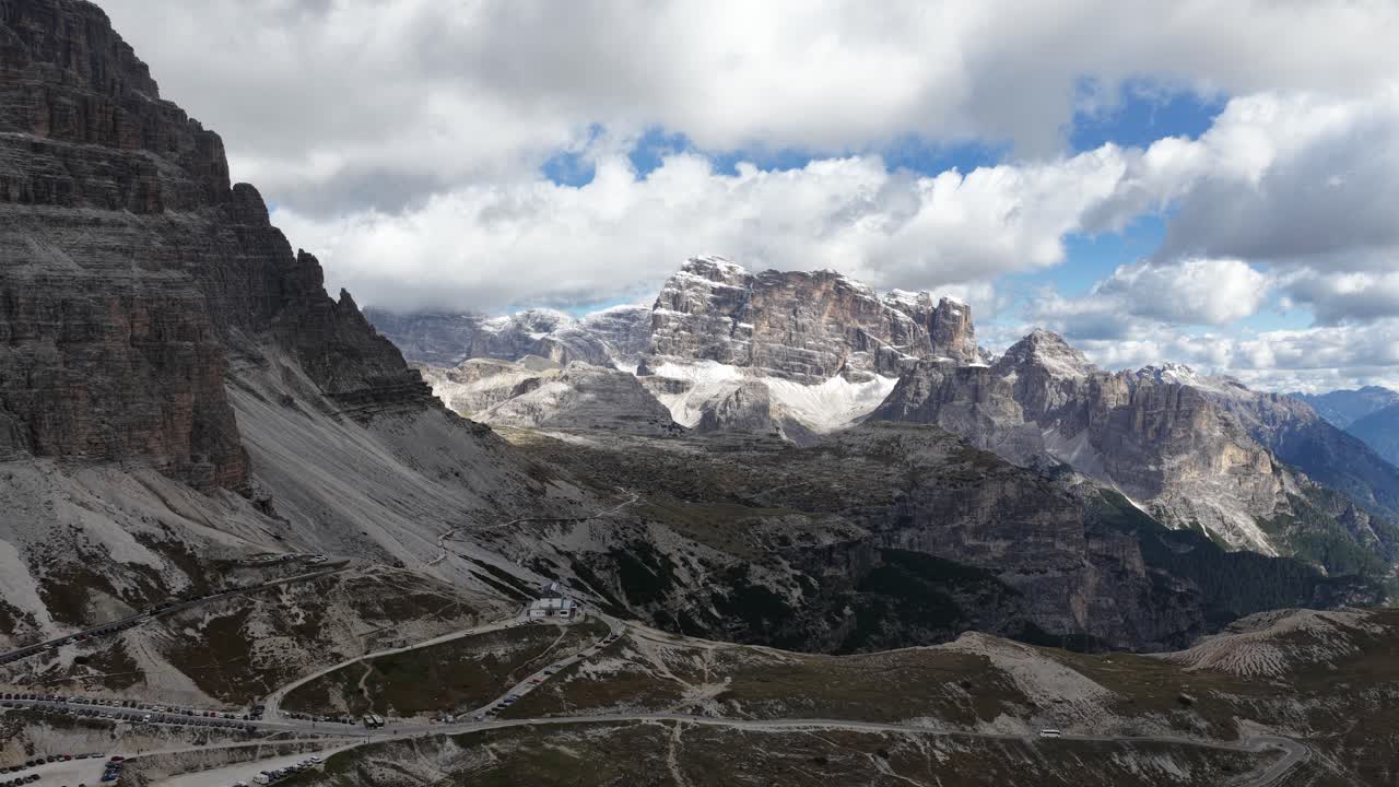 Dolomites mountain at the nature park of drei zinnen. Revealing aerial of dramatic landscape