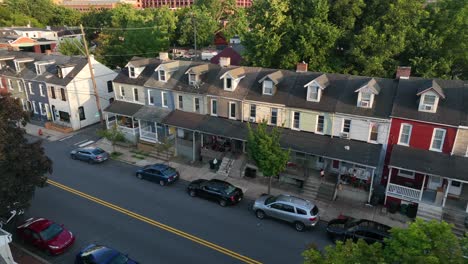 rowhomes and houses, apartment building view at golden hour