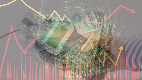 Animation-of-payment-terminal-over-banknotes,-statistics-and-financial-data-processing