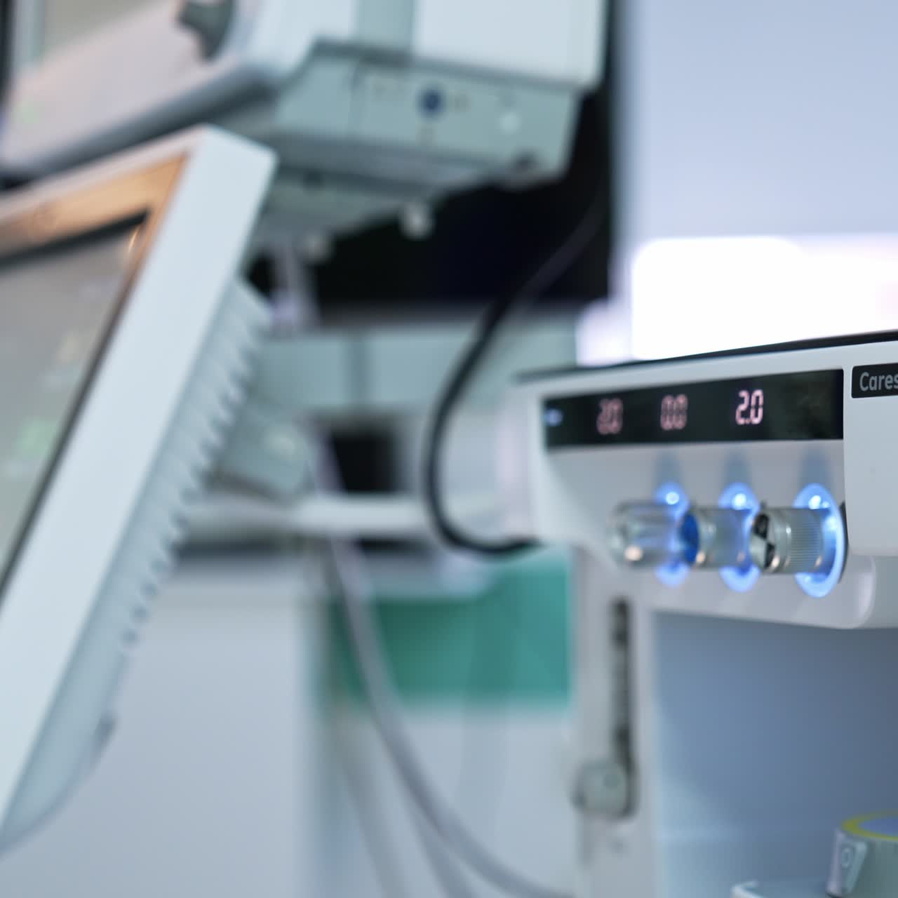 Male hand of a doctor choosing the parameters on the touch screen of equipment. Anesthesia delivery system at foreground. Blurred backdrop
