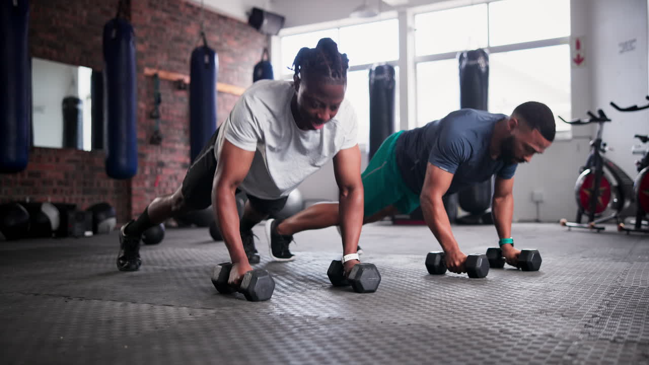 Men Doing Push-ups with Dumbbells in a Gym