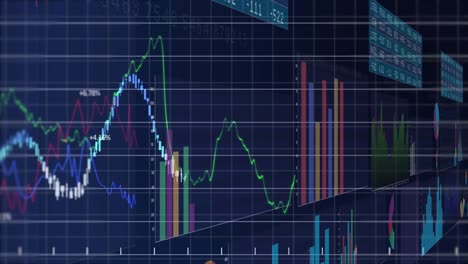 Animation-Der-Finanziellen-Und-Statistischen-Datenverarbeitung-über-Ein-Gitternetz-Vor-Blauem-Hintergrund