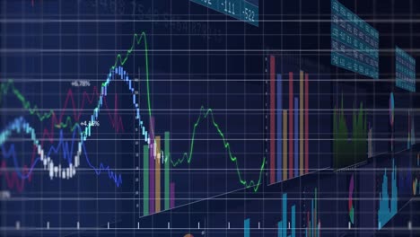 animación del procesamiento de datos financieros y estadísticos a través de la red de red contra un fondo azul.