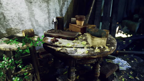 old, abandoned interior with rustic furniture and items