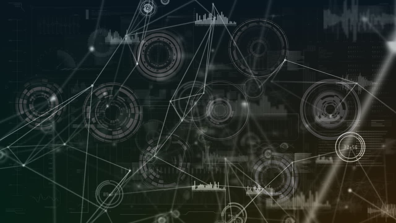 Animation of network of connections with data processing over dark background