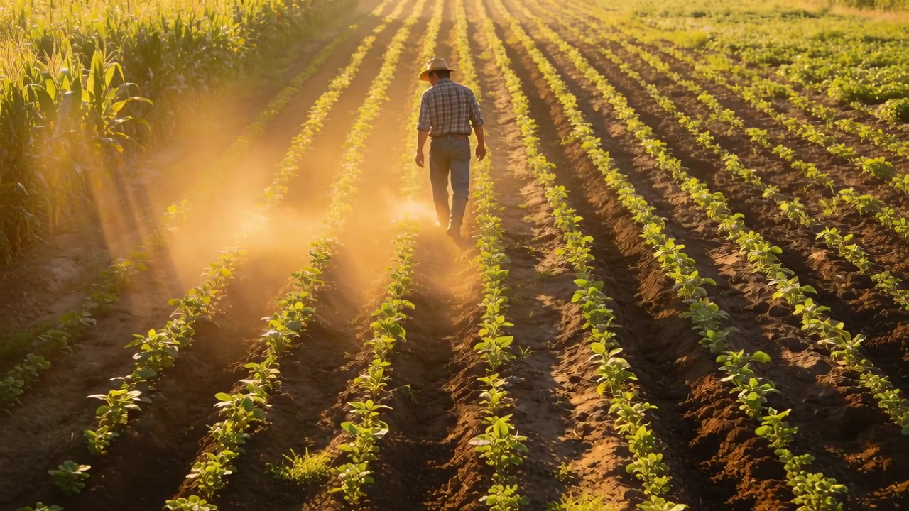 Agricultor caminando con sombrero de paja y camisa a cuadros bajo el sol, inspeccionando las hileras de cultivos y levantando polvo.