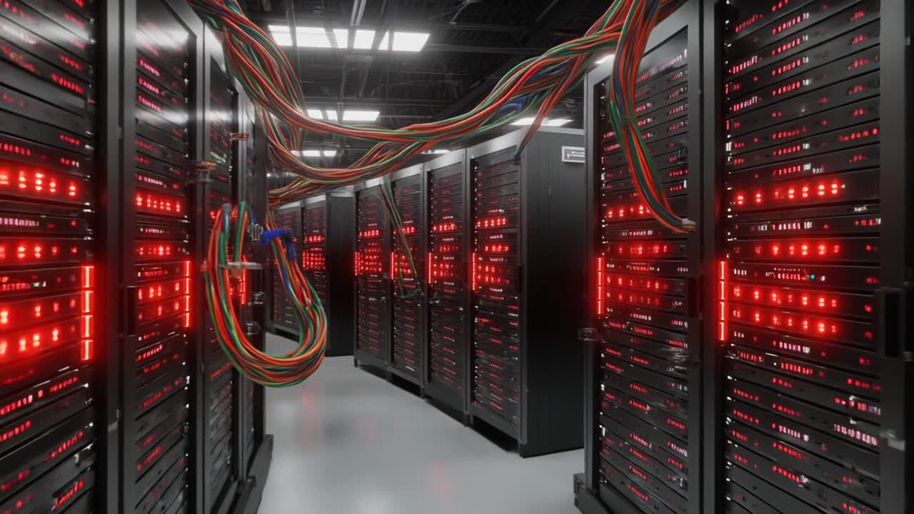 Rows of Server Racks with Blinking Red Lights in a Data Center