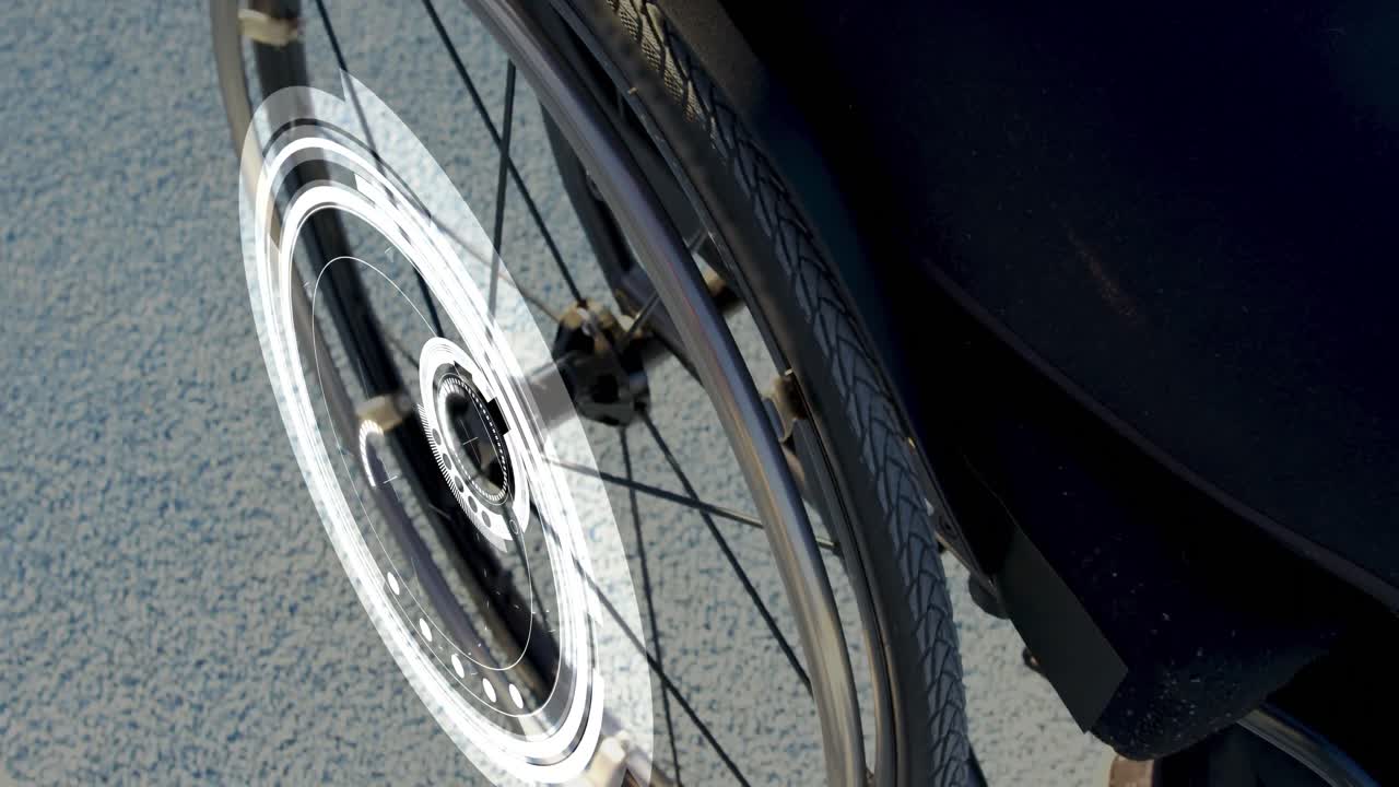 animación de escaneo de alcance y atleta masculino caucásico discapacitado que usa una silla de ruedas en el fondo