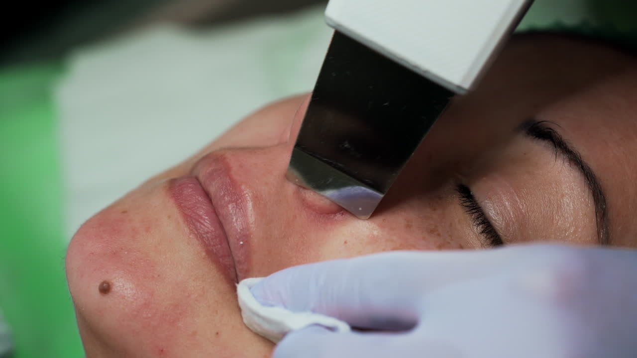 Gloved hands of beautician move ultrasonic scrubber by the face of Caucasian woman. Salon skincare concept. Extreme close up.