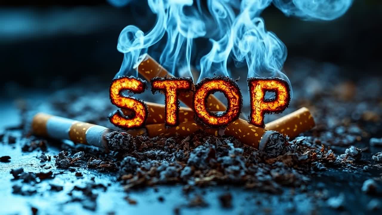 Smokers should stop with harmful habits. Cigarettes burn on a surface with smoke rising, delivering a strong message about quitting smoking for health benefits.