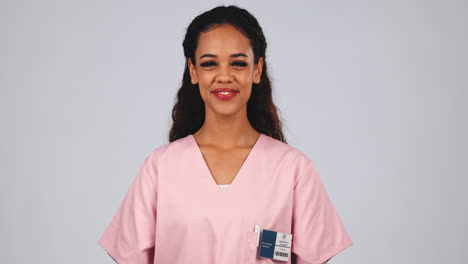 Medical-nurse,-laughing-and-a-woman-in-studio