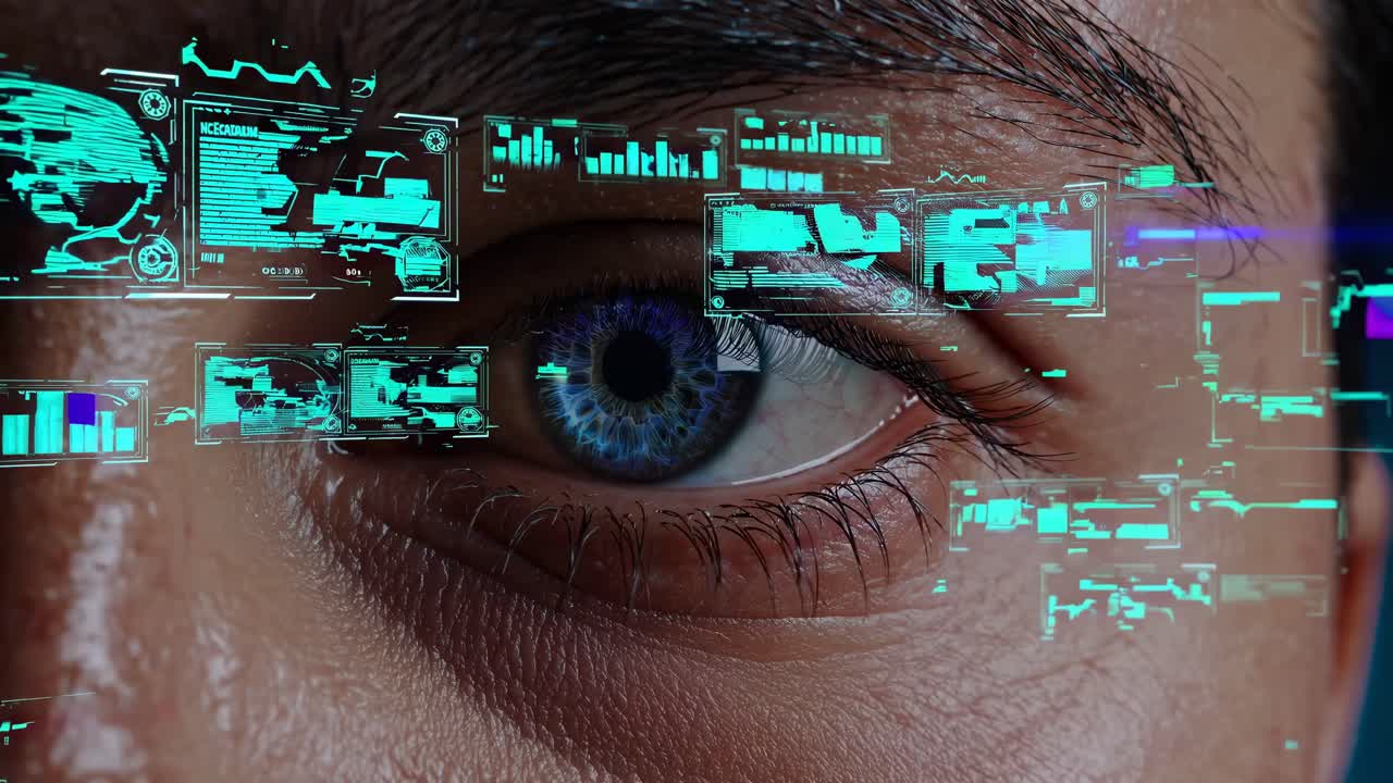 Close-up of a human eye with digital holographic overlays, showcasing a futuristic video concept