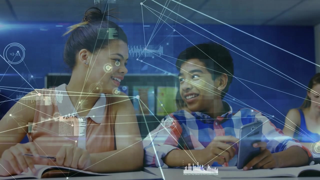 Animation of connections over happy diverse students using technology at school