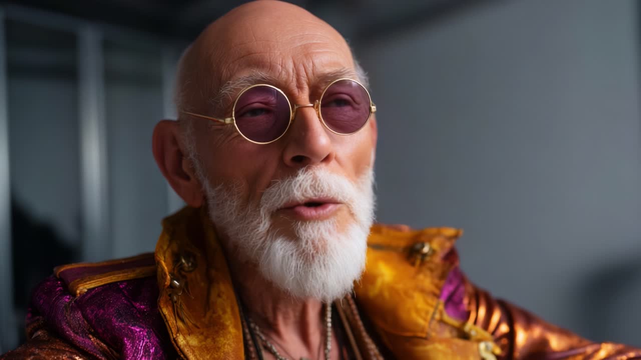 Un signore anziano con una barba bianca sorprendente e occhiali da sole alla moda conversa indossando una giacca multicolore vivace, che mostra sicurezza e stile