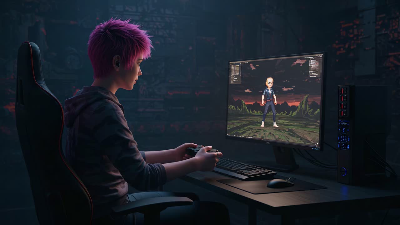A Gamer with Pink Hair Engages with a Virtual World in a Darkened Room, Captured in Two Key Frames Showing Dynamic Gameplay Emotions and Interaction