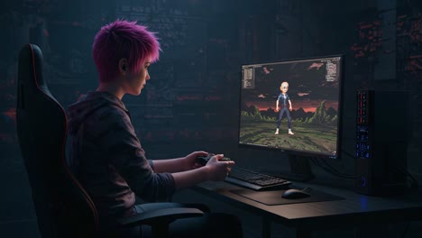 a gamer with pink hair engages with a virtual world in a darkened room, captured in two key frames showing dynamic gameplay emotions and interaction