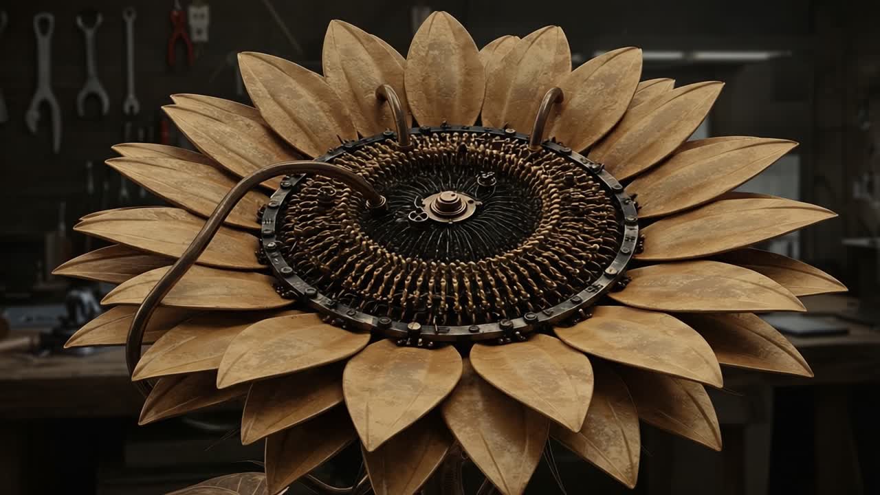 A Mesmerizing Mechanical Sunflower: Exploring the Intricate Design and Artistry of a Flower with Unique Engineering in a Workshop Environment