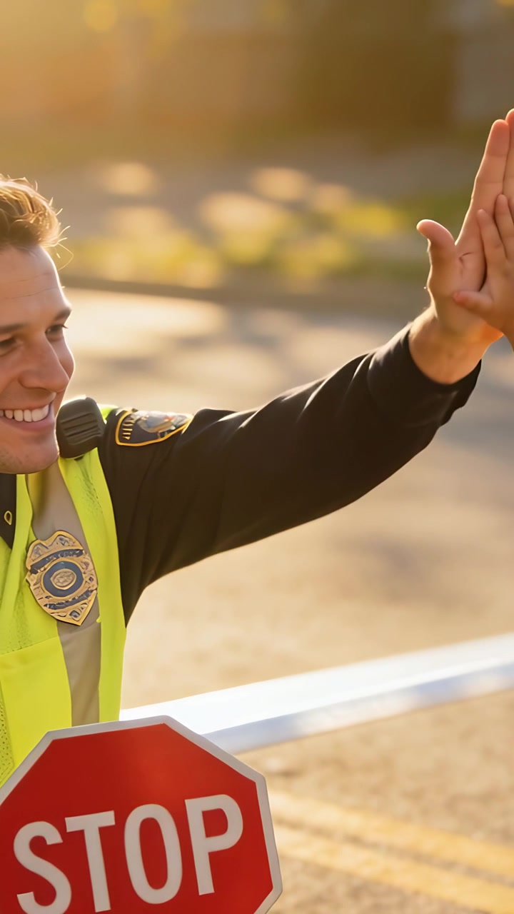 Video verticale: Agente in gilet con segnale di STOP sulla strada che batte il cinque, salutando un passante con la mano che entra nell'inquadratura.