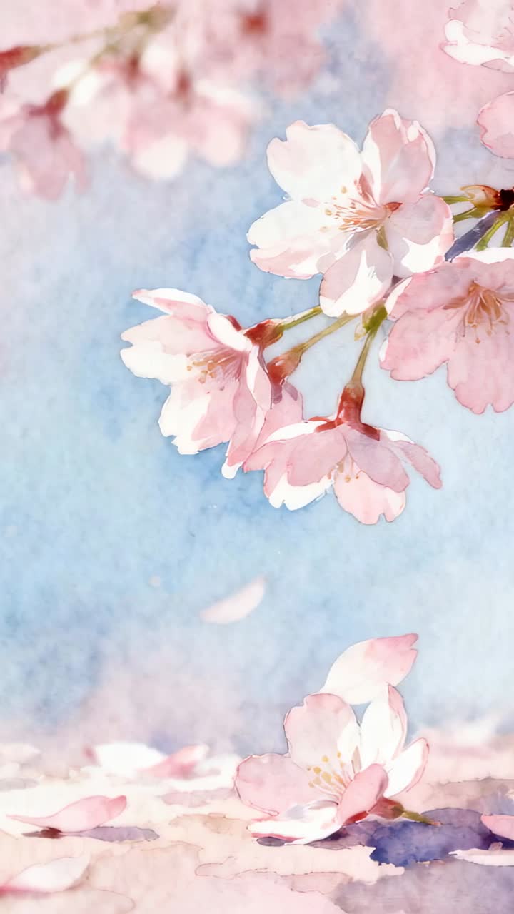 Vertical video: Swaying cherry branch releasing petals by breeze over blue wash, fallen petals