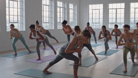 yoga class of healthy women practicing warrior pose enjoying exercising in fitness studio instructor leading group meditation teaching workout posture at sunrise