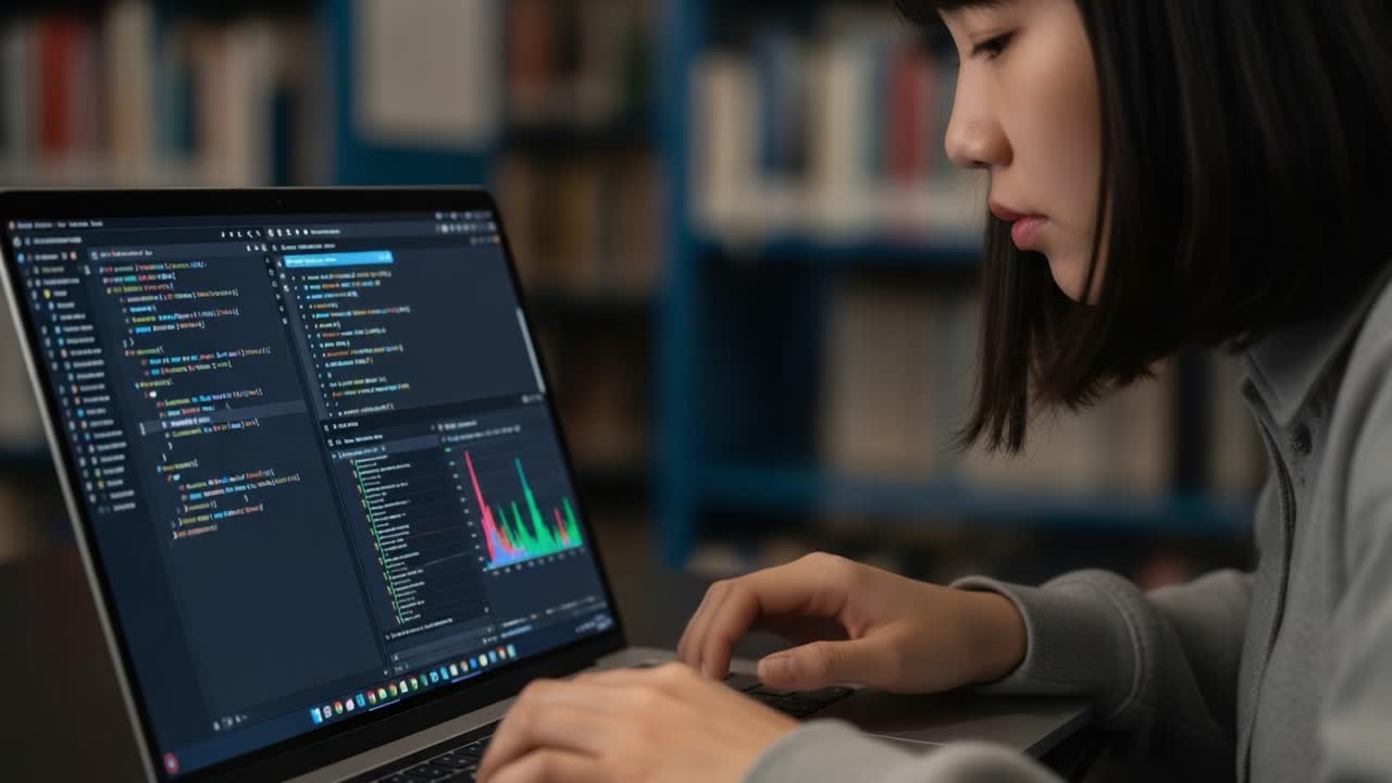 Focused Programming Session: A Young Individual Analyzing Data and Writing Code on a Laptop in a Study Environment with Library Background