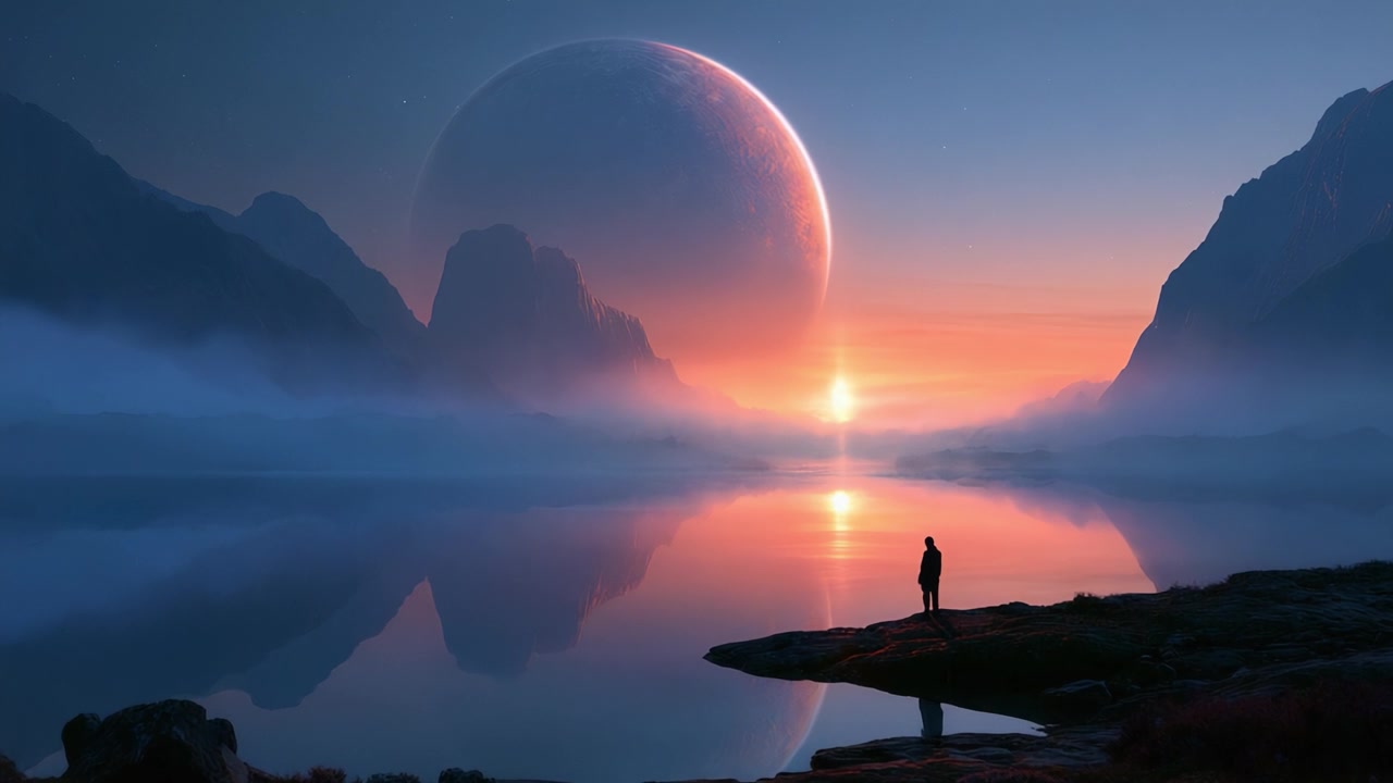 Una vista mozzafiato di un paesaggio sereno sotto un enorme corpo celeste, che riflette colori vivaci sulle acque tranquille al crepuscolo, incarnando la bellezza del cosmo.