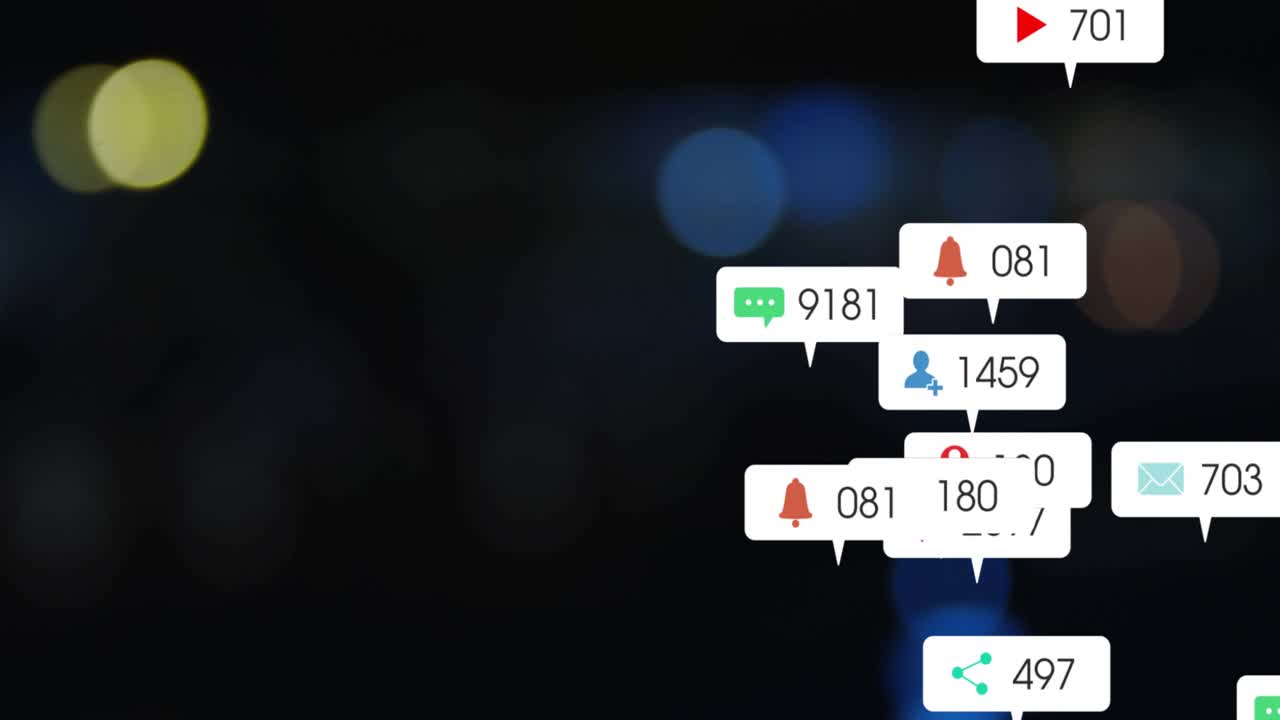 White callouts popping from lower-left, clustering and drifting right, showing notification flow