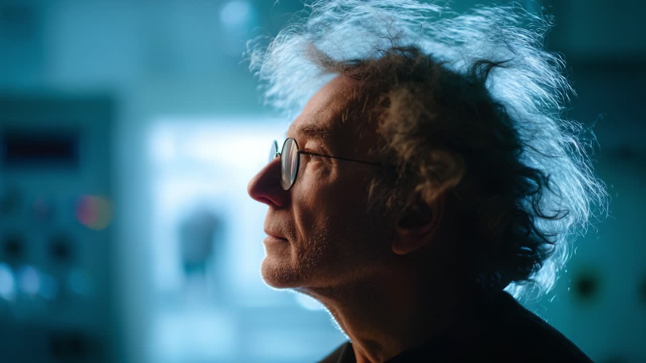 A contemplative moment captured in light, showcasing an elderly man with tousled hair and glasses in a soft, atmospheric environment of scientific exploration