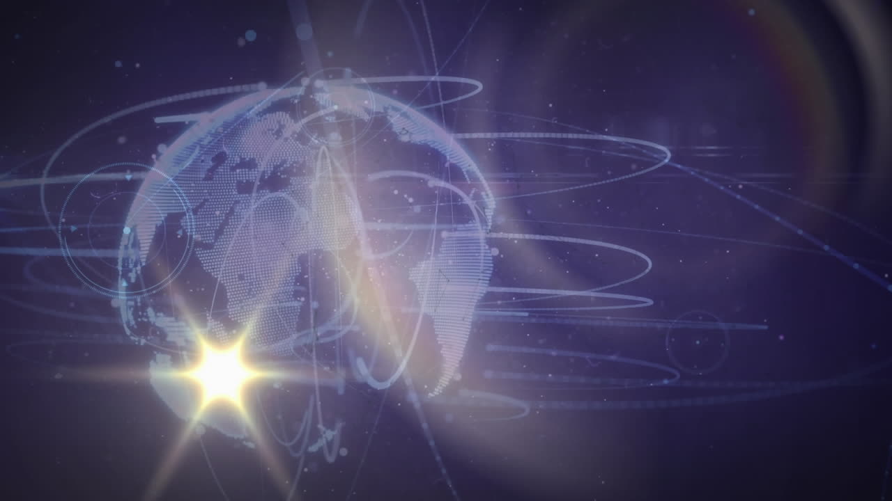 animación del destello de la lente sobre líneas alrededor del globo que giran contra un fondo negro.