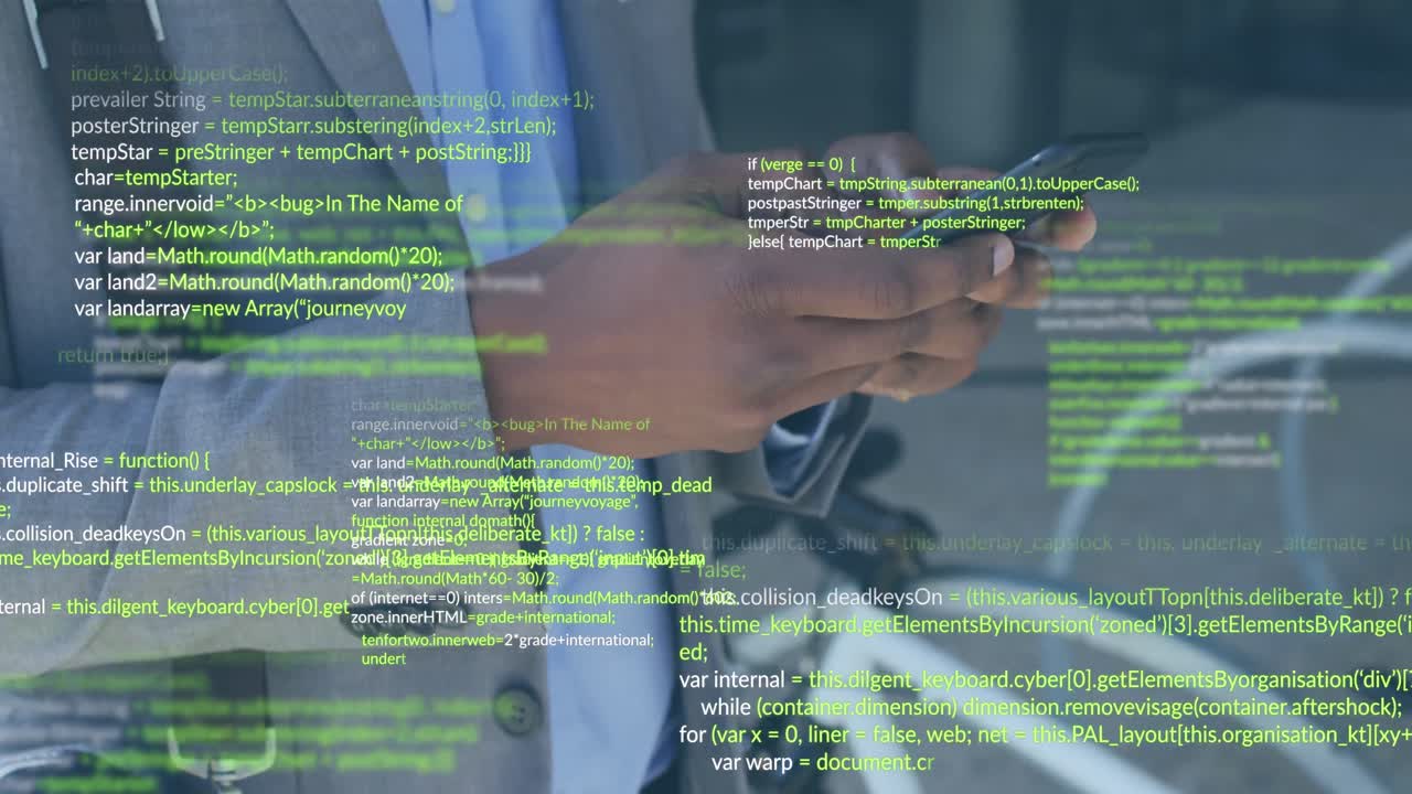 Animation of computer language over african american businessman using cellphone