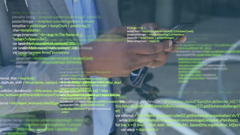 animation of computer language over african american businessman using cellphone