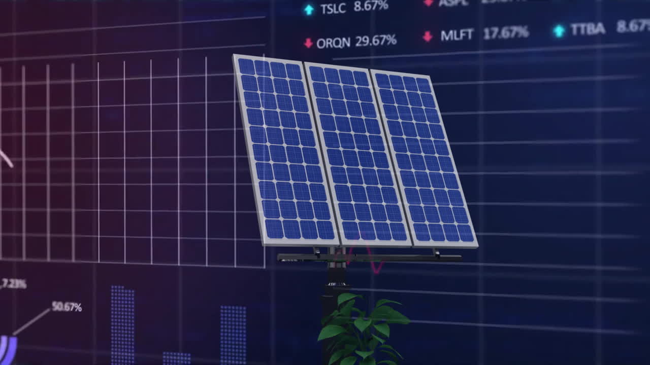 Animation of solar panels over charts and financial data processing on black background