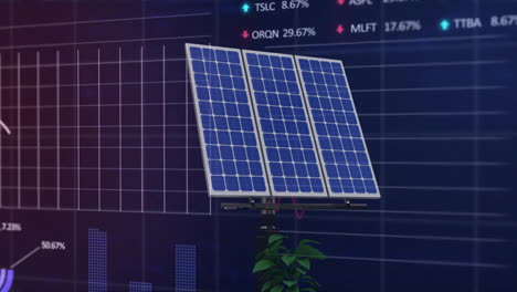 animation of solar panels over charts and financial data processing on black background