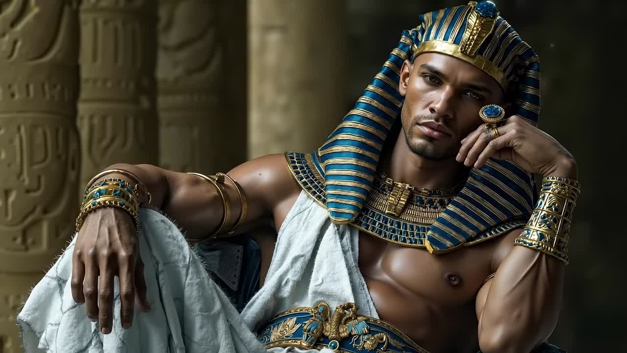 A man dressed as an ancient egyptian pharaoh sitting in front of a pillar
