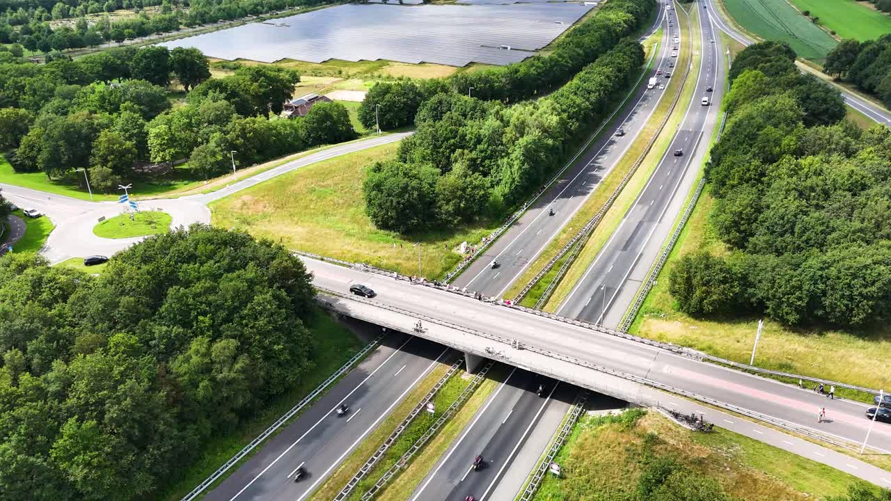 Highway Intersection with Solar Panels and People