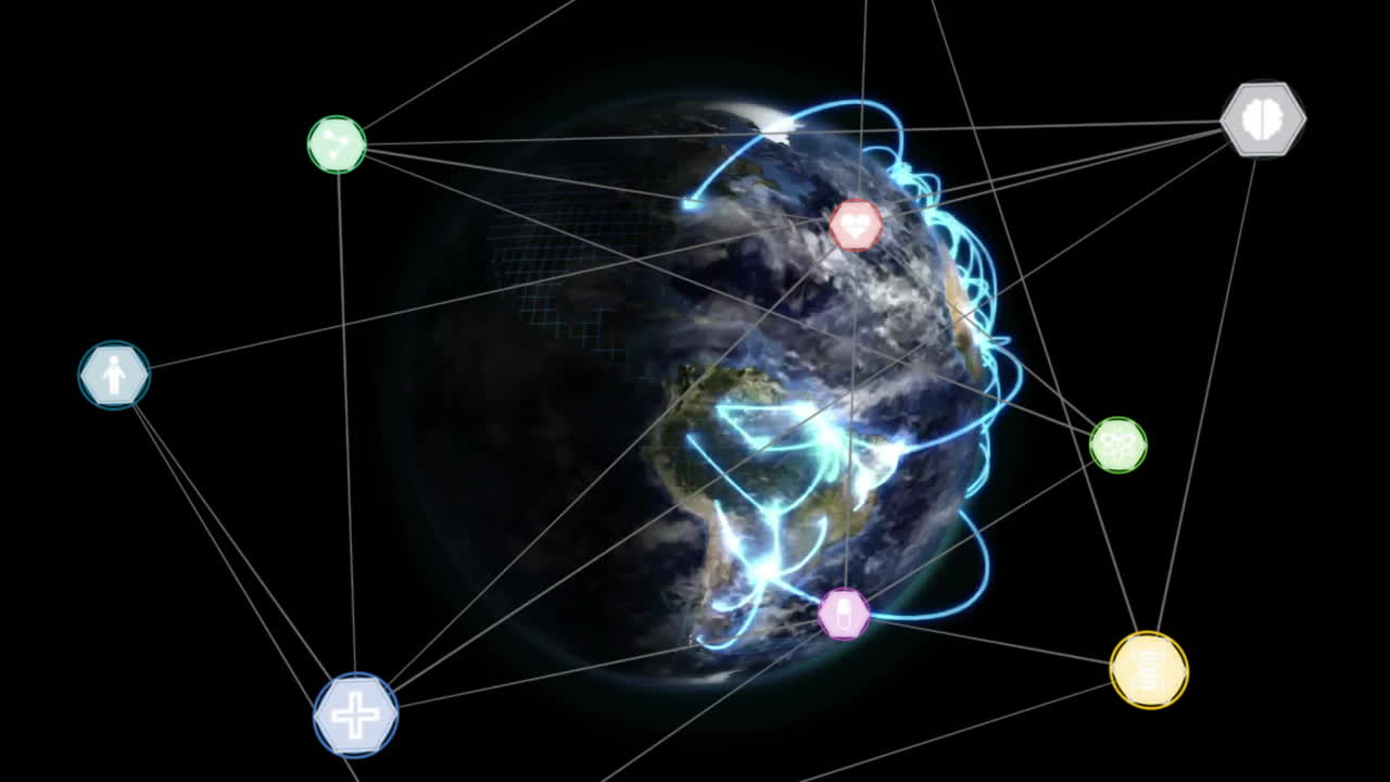 animación de la red de conexiones con iconos en todo el mundo