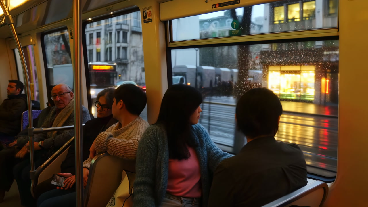Passengers On Tram At Dusk, City Lights Blurred Through Wet Window As Commuters Watch Storefronts Slide