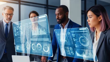 modern business team analyzing digital data with futuristic interfaces in bright office setting, capturing insights and trends through advanced visualization techniques