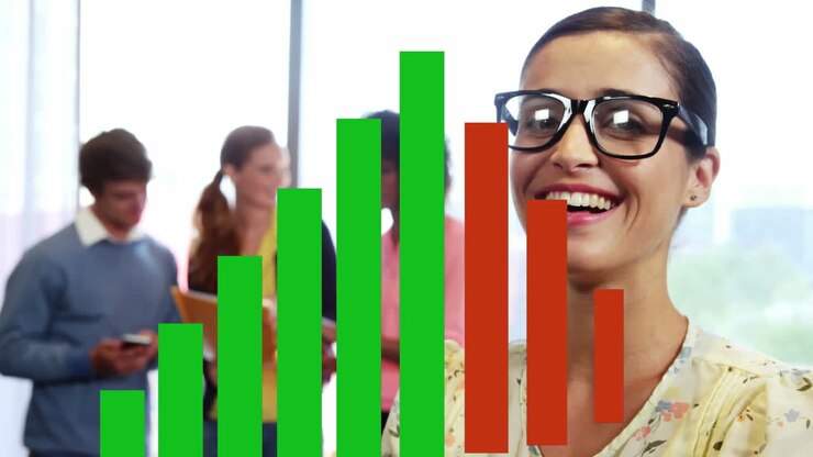 Animation of graph over smiling biracial businesswoman standing with arm crossed at office