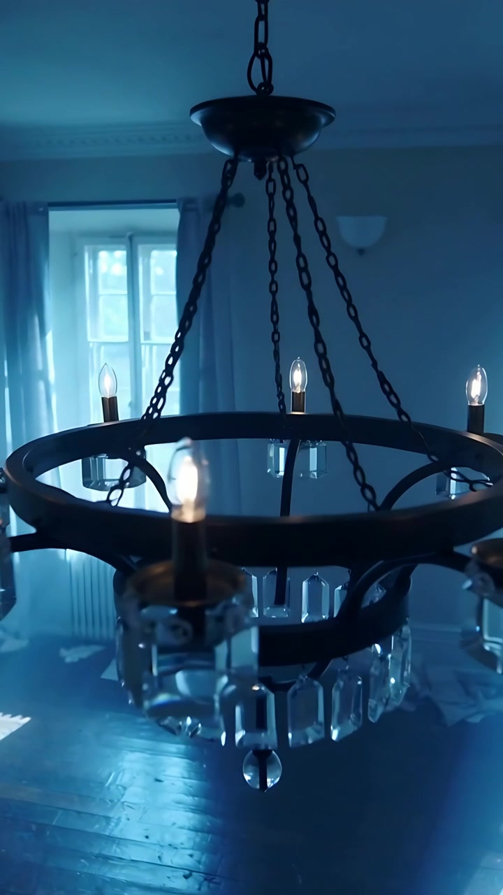 Vertikal video: Panorerende kamera viser en metal lysekrone i en gang, hvor prismer fanger lyset.