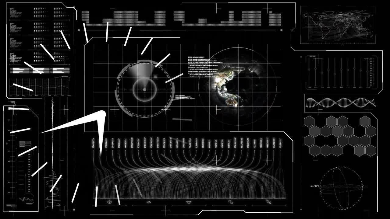 Ticking digital clock over interface with data processing against black background